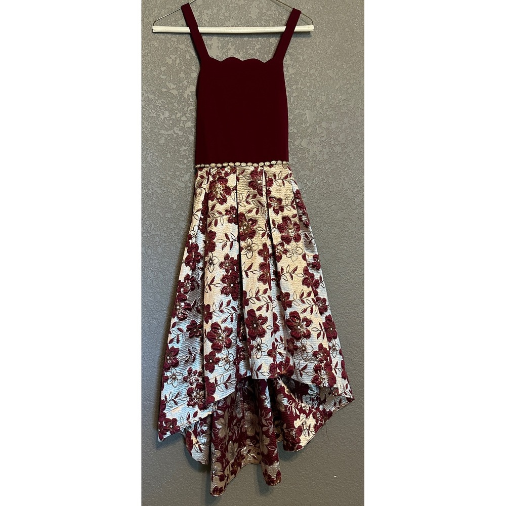 Speechless Kids Burgundy Gold Floral Brocade High-Low Formal‎ Dress Girls 16